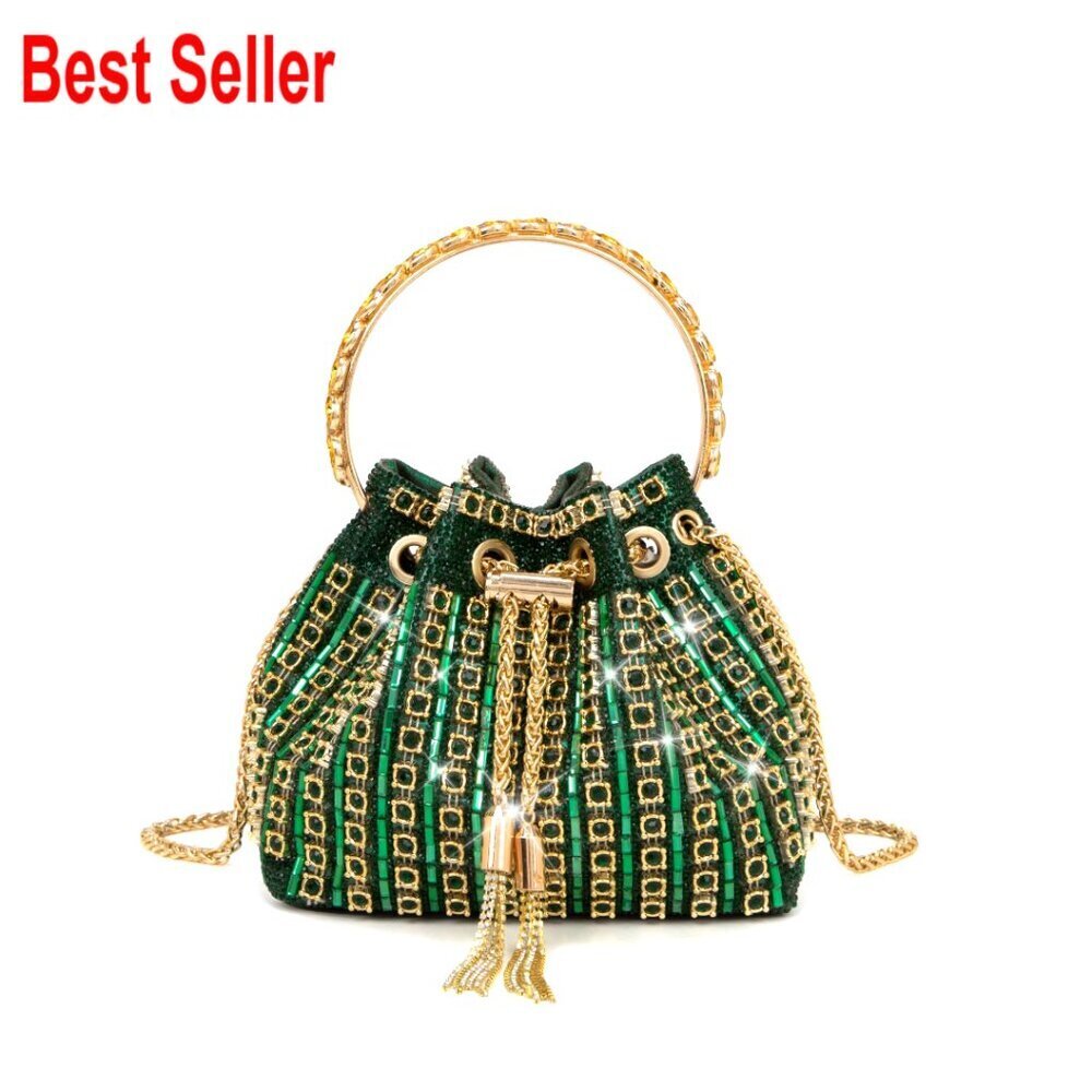 Rhinestone Evening Clutch with Detachable Chain, Drawstring Closure